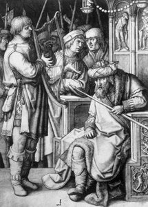 David spielt Harfe vor König Saul, um 1508, von Lucas van Leyden (ca. 1494-1533), Gravur von Lucas van Leyden