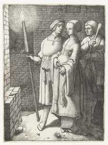 Junger Mann mit Fackel, eine Frau und ein Narr von Lucas van Leyden