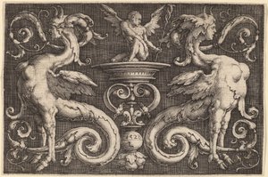 Ornament mit zwei Sphinxen und einem geflügelten Mann von Lucas van Leyden