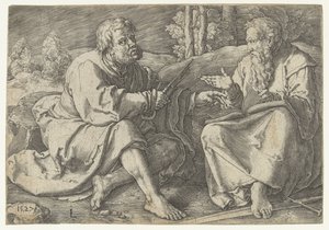 Paulus und Petrus sitzend in einer Landschaft von Lucas van Leyden