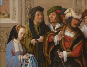 Potiphars Frau zeigt ihrem Mann Josephs Mantel. Im Hintergrund: Joseph wird ins Gefängnis gebracht von Lucas van Leyden