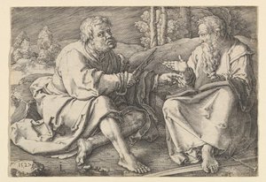 Die Heiligen Petrus und Paulus sitzen in einer Landschaft, 1527 von Lucas van Leyden