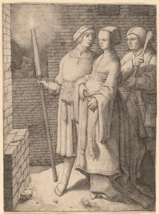Der Mann mit der Fackel und eine Frau, gefolgt von einem Narren von Lucas van Leyden
