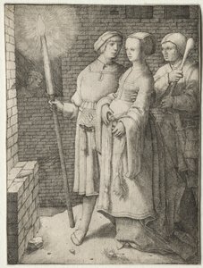 Der Mann mit der Fackel und eine Frau, gefolgt von einem Narren, um 1508 von Lucas van Leyden