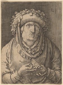 Die alte Frau mit Trauben von Lucas van Leyden