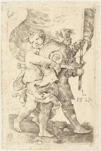 Zwei Jungen mit Helm und Standarte, 1527 von Lucas van Leyden