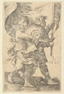 Zwei Jungen mit Helm und Standarte, 1527 von Lucas van Leyden