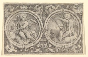 Zwei Putti, die in Wolken in Kreisen mit Ranken sitzen, 1517 von Lucas van Leyden