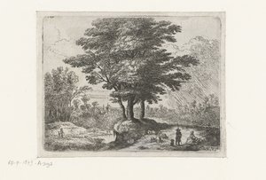 Drei Bäume, ein Hirte mit Schafen und ein Hund von Lucas van Uden