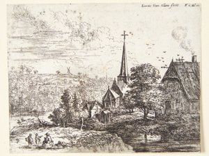 Dorf an einem Fluss, im Vordergrund drei Figuren von Lucas van Uden
