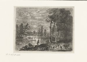 Landschaft bei Nacht mit Bauern und Vieh