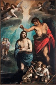 Die Taufe Christi. Die Taube des Heiligen Geistes über Jesus Christus. Gemälde von Luciano Borzone (1590-1645) 17. Jahrhundert, Genua, Musei di Strada Nuova (ehemals Palazzo Bianco), Italien