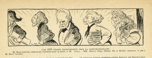 Illustration in Le Rire, 04/01/13 - das Jahr 1913... - Theater, Comédie Française - Hugo Victor, Dumas Alexandre (fils), Lavedan Henri (1859-1940), Guitry Sacha, Musset Alfred, Molière (Gravur) von Lucien Metivet