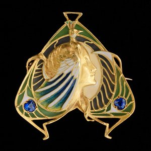 Brosche-Anhänger, ca. 1900 (Gold und Plique-à-jour-Email mit Saphiren) von Lucien or Léopold Gautrait