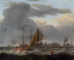 Ein Kriegsschiff vor Anker in rauer See, ca. 1660-ca. 1708 von Ludolf Backhuysen I