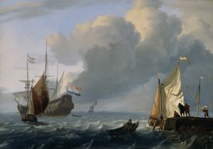 Niederländische Fregatte und andere Schiffe vor der Küste, ca. 1690