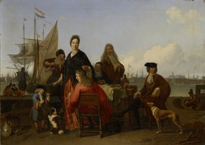 Die Familien Bakhuysen und de Hooghe beim Essen am Mosselsteiger (Muschelpier) am IJ, Amsterdam
