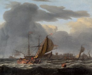 Ein Kriegsschiff vor Anker in rauer See von Ludolf I Backhuysen