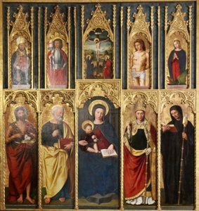 Retabel, 10 Tafeln: Madonna mit Kind zwischen Johannes dem Täufer und Petrus, Ein Bischof und Abt, Christus am Kreuz zwischen Johannes und der Madonna, Heiliger Martin und Heiliger Viktor, Heiliger Sebastian und Heilige Margarete von Ludovico Brea