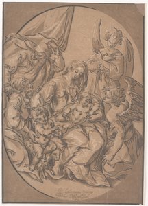 Die Heilige Familie mit dem kleinen St. Johannes, in einem Oval, ca. 1623 von Ludwig Businck