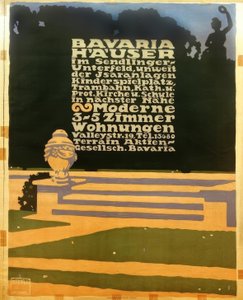 Bavaria Häuser im Sendlinger Unterfeld, unweit der Isaranlagen / Kinderspielplatz, Trambahn, Kath von Ludwig Hohlwein