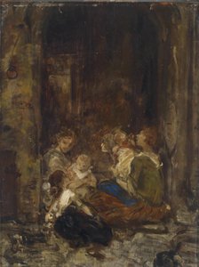 Mutter mit Kindern, Studie, unleserlich signiert, rückseitig Nachlassstempel L. Knaus Nachlass von Ludwig Knaus