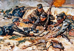 Verpflegung der österreichischen Schützengräben unter Beschuss durch russische Artillerie von Ludwig Putz