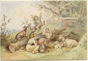 Kinder und Ziegen ruhen an einem gefällten Baum