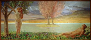 Adam und Eva in paradiesischer Landschaft