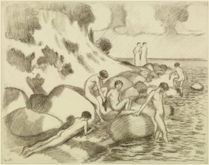 Badende Knaben am Strand, im Hintergrund zwei Frauen von Ludwig von Hofmann