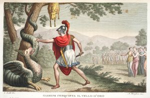 Jason schläfert den Drachen ein oder Gianone erobert das Goldene Vlies, Buch VII, Illustration aus Ovids Metamorphosen, Florenz, 1832