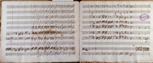 Doppelseite, signiert vom Autor der Partitur für das Konzert für Cello und Orchester in Es-Dur von Luigi Boccherini von Luigi Boccherini