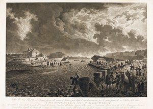 Ansicht der Brücke Pila in Genua nach der Überschwemmung des Bisagno-Bachs am 26.10.1822 (Radierung, ca. 1822)
