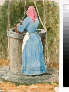 Frau des Volkes schöpft Wasser aus dem Brunnen von Luigi Garibbo