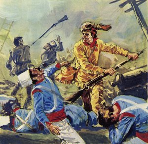 Davy Crockett fiel schließlich den unaufhörlichen mexikanischen Angriffen zum Opfer (Farblithografie) von Luis Arcas Brauner