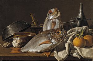 Stillleben mit Brassen, Orangen, Knoblauch und Küchenutensilien, 1772