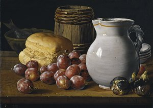 Stillleben mit Pflaumen, Feigen, Brot und Krug, zweite Hälfte des 18. Jahrhunderts von Luis Egidio Melendez