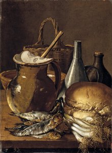 Stillleben mit Heringen, Frühlingszwiebeln, Brot und Küchenutensilien von Luis Egidio Melendez