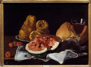Wassermelone, Brot, Kuchen und Weinkelch von Luis Egidio Menendez or Melendez