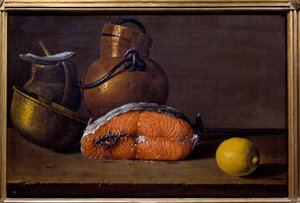 Scheibe Lachs, eine Zitrone und Utensilien