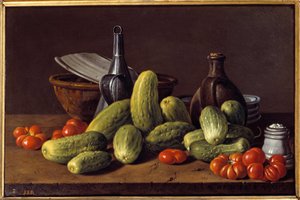 Stillleben: Gurken, Tomaten und Behälter