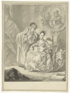 Sitzende Gitarrenspielerin und stehender rauchender Mann in einem Interieur von Luis Paret y Alcazar