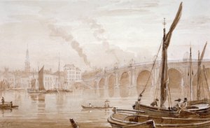Ansicht der Blackfriars Bridge vom Surrey-Ufer, mit Booten im Vordergrund, London