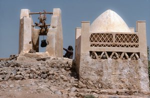 In der Wüste, ein Oasen-Wasserplatz mit einem Brunnen bei Husn Al-Muttahar südlich von Tarin, Jemen. von Lynn Abercrombie