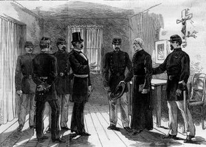 Deportation der Jesuiten aus der Rue de Sèvres in Paris nach den Dekreten vom März 1880, die das Recht auf Unterricht für Mitglieder nicht autorisierter religiöser Kongregationen aufheben: ein Jesuitenpater wird in seiner Zelle festgenommen. 30. Juni 1880. von M. (after) Ferdinandus