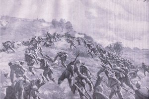 Die Rückeroberung von Szawle. Erstürmung des Hügels, aus Die illustrierte Geschichte des Weltkriegs 1914-1915, veröffentlicht von Union Berlagsefellfchaft von M. Barascudts