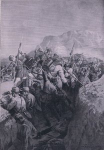 Erfolgloser Angriff der Italiener auf die Höhen von Doberdo, aus der Illustrierten Geschichte des Weltkriegs 1914-1915, veröffentlicht von Union Berlagsefellfchaft von M. Barascudts