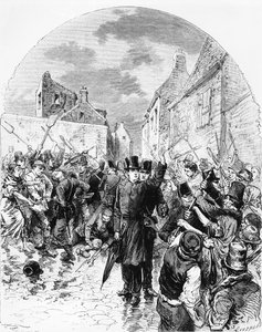 Unruhen in Irland - Ein katholischer Priester wird von der Polizei in Mullingar verhaftet und von den Menschen gerettet, aus Le Monde Illustré, 25. Juni 1881