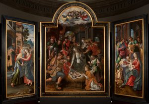 Anbetung der Könige, Triptychon, Mitteltafel, Detail von Maarten de Vos