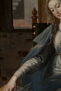 Anbetung der Heiligen Drei Könige, Triptychon, rechtes Panel Rückseite (Detail) von Maarten de Vos